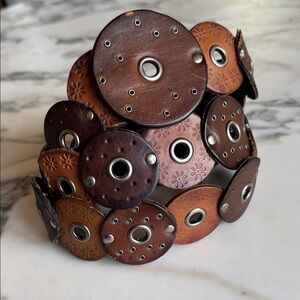 Brown Leather Boho Circle Belt with Metal Rivets 43 Inches Adjustable